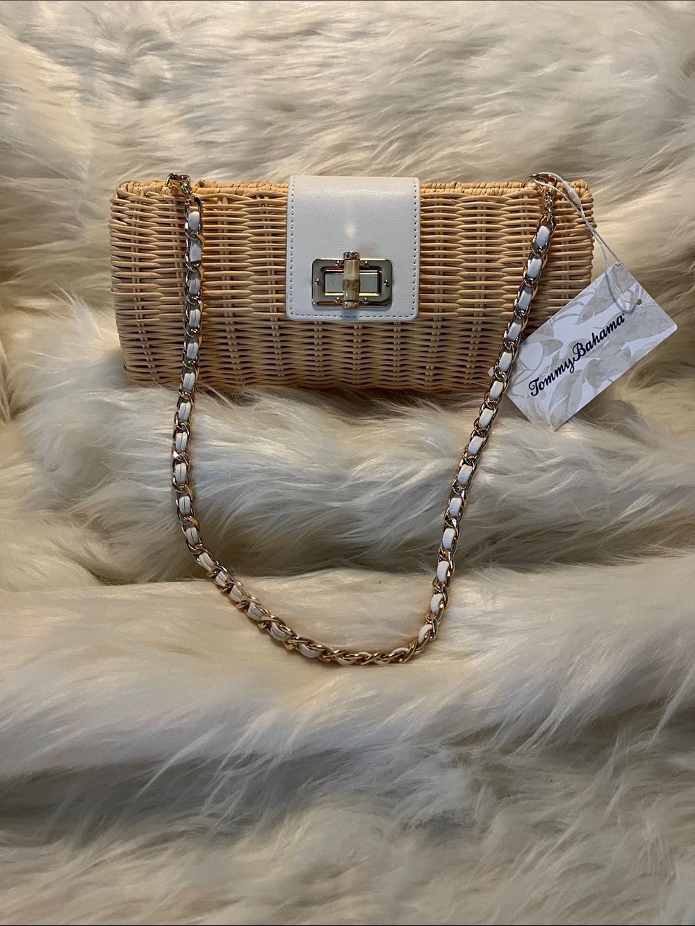 Tommy Bahama Natural Woven Clutch with White Trim and Gold Chain
